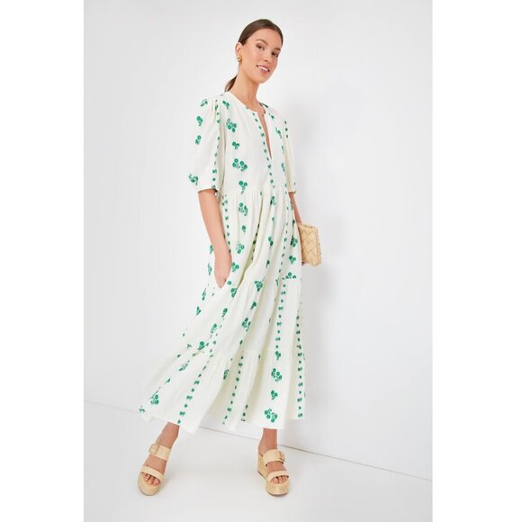 OLIPHANT Tuckernuck Wicklow Puff Sleeve Embroidered Print Maxi Midi Dress - Picture 2 of 10